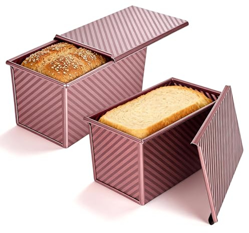 Rzspher 2 pcs Pullman Loaf Tin 450g, 21 x 11 x 11.5 cm Non-Stick Bread Tins | Rose Gold Aluminum Steel Loaf Tin with Slide Cover, Corrugated Toast Bread Mold for Sandwich Toast and Cake