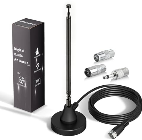 Bingfu DAB+ FM UKW Radio Antenne, Digitale Teleskopantenne mit Magnetfuß | Mit 3m Koaxialkabel und Adapterset, 75-Ohm-Impedanz, geeignet für Stereoempfänger und AV-Systeme