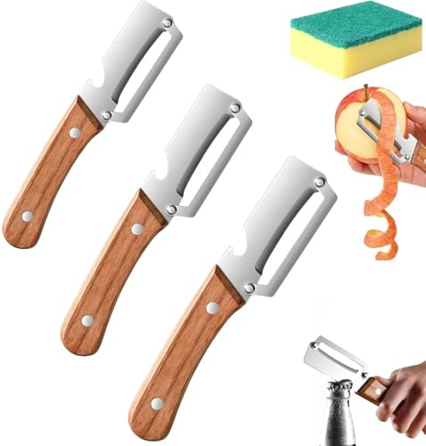 Pelador multifuncional de cocina, 2 en 1, mango de madera, pelador de verduras con abrebotellas, para pelar frutas y pícnic, herramienta de pelado duradera