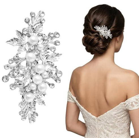 Haarschmuck Hochzeit Silber - Elegante Haarspange mit Perlen und Strass, Braut Haarschmuck für Damen & Mädchen, Funkelnder Haarschmuck für Hochzeit, Kommunion und Besondere Anlässe (7x3.6cm)