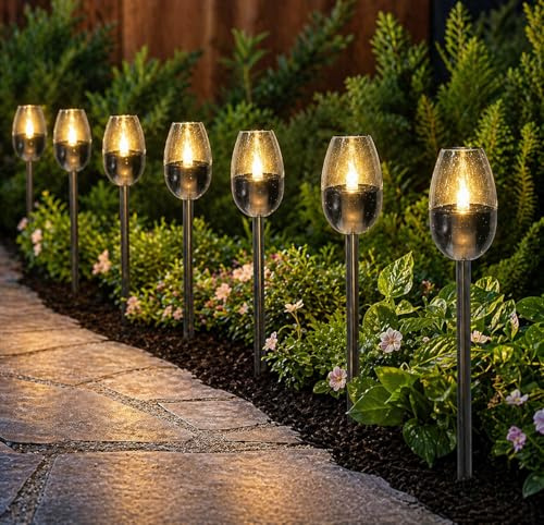 Garden Mile Flame Effect LED Solar Torch Light, 8 Pack | Flickering, Waterproof, Outdoor Garden Stakes, Patio Deck Yard Pathway Lighting