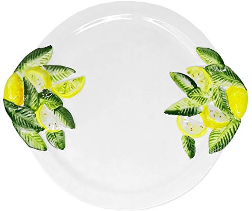 Lashuma Handgemachter Servierteller Rund aus Italienischer Keramik, Essteller Zitronen Design, Großer Platzteller 30x34 cm