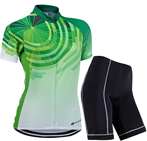 ZEROBIKE Kvinnors cykling ventilerande snabbtorkande tröjor set, jersey cykel kortärmad jacka + 3D vadderad kudde tighta shorts byxor (lime, S)