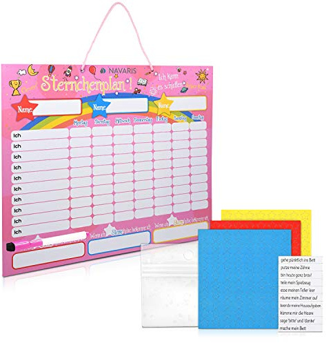 Navaris abwischbare Belohnungstafel magnetisch 40x32cm - Kinder Aufgaben Tafel - Magnettafel inkl. 250 Sternchen Magnete Stift - Sterne Aufgabenplan