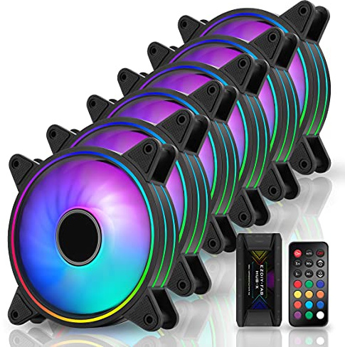 EZDIY-FAB Moonlight Ventilateur de Boîtier RGB 120mm avec Hub Ventilateur et Télécommande,Carte Mère Aura SYNC,Contrôle de Vitesse,Ventilateur Adressable pour Boîtier PC-6 Pack