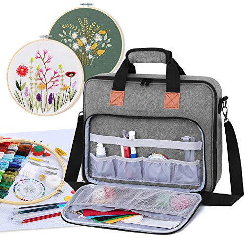 Luxja Tasche für Stickerei Set, Kreuzstich Zubehör Tasche, Stickerei Tasche für Stickrahmen, Farbfäden, Stickgarn und andere Stickerei kit, Grau