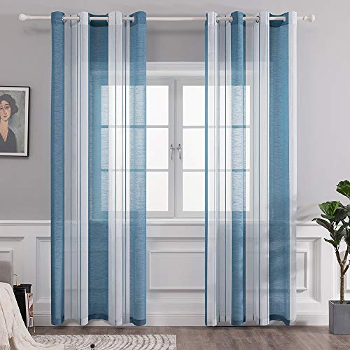 MIULEE Voile Gardinen Blau-Weiß mit Ösen 2er Set 140x175 cm | Halbtransparenter Voile mit Streifenmuster für Wohnzimmer, Schlafzimmer und kleine Fenster.