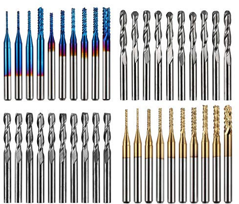 Genmitsu Schaftfräser-Satz mit insgesamt 40 CNC Router Bits, 3,175mm (1/8) Schaft, CNC Fräser-Satz mit 2-Nuten Flach- als auch Kugelkopffräsern, Nano Blue Beschichtung & Titan Beschichtung, MC40A