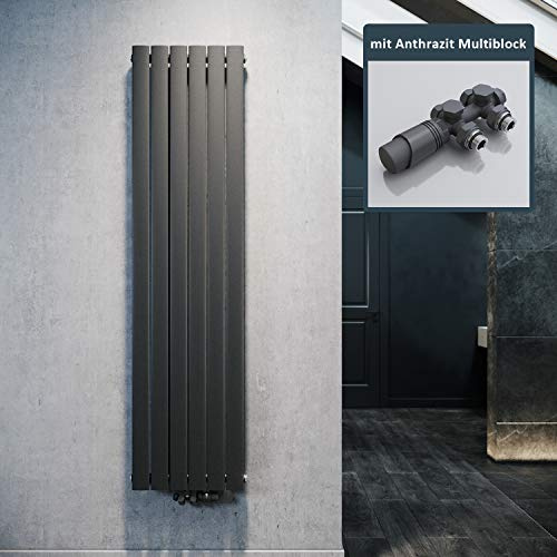 ELEGANT Design Heizkörper Flach 1800x462mm mit Anthrazit Multiblock Thermostat Flachheizkörper Anthrazit Einlagig Vertikal Heizkörper Mittelanschluss