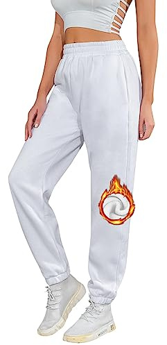 UMIPUBO Mujer Pantalones Casuales de chándal Pantalones Cálidos Pantalones Cintura Alta Elástico Cordón con Bolsillos Deportivos Joggers para Yoga Fitness(Blanco,XL)