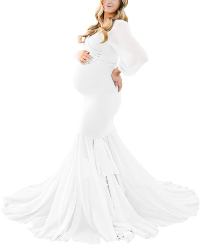 Saslax Lange Chiffon-Ärmel müde Meerjungfrau Umstandskleid für Fotoshooting, Fotografie, Babyparty, X- gebrochenes Weiß, Klein