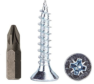 Lot de 300 vis à bois en acier zingué 5,0 x 25 mm, vis à bois pour aggloméré, vis universelles Pozi-Drive PZ entièrement filetées, tête fraisée Pozidriv (300, 5,0 x 25 mm)