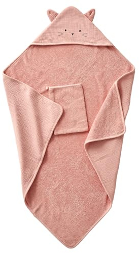 VERTBAUDET Kapuzenbadetuch + Handschuh aus Bio-Baumwollgaze, Rosa, 100 x 100 cm