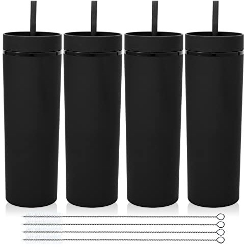 Volhoply 600ml Tumbler en Plastique Réutilisables Lot de 4,Tasse en Plastique à Double Paroi avec Couvercle et Paille,Gobelets à Café en Acrylique de Matte Libre BPA pour Soirées,Cadeaux(Noir,4 Set)