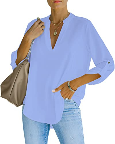 NONSAR Camicetta da donna Henley, elegante, con scollo a V, maniche arrotolabili, in stile casual, Azzurro, XL