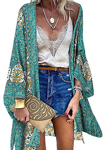 Yutdeng Kimono Mujer Kaftan Playa Cárdigan Verano Kimonos Cortos Floral Bohemio Suelto Bikini Cover Up Pareos Caftan Gasa Casual Camisolas Traje de Baño Ropa Playa para Mujer