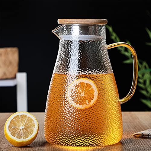 1.6L Karaffe,Glaskaraffe mit Bambus Deckel und Sieb im Ausguss,Borosilikatglas Wasserkrug,Saftkaraffe hitzebeständig transparent,für Hausgemachte Getränke/Eistee/Milch/Kaffee/Eistee Krug (Teekanne)