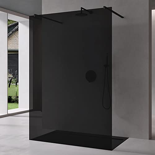 Mai & Mai Duschwand Duschabtrennung 2 Schwarze Haltestange für Walk-In Dusche 100cm 10mm Grauglas ESG-Sicherheitsglas mit Nanobeschichtung Rechteckiger Stabilisator Bremen02VG+2