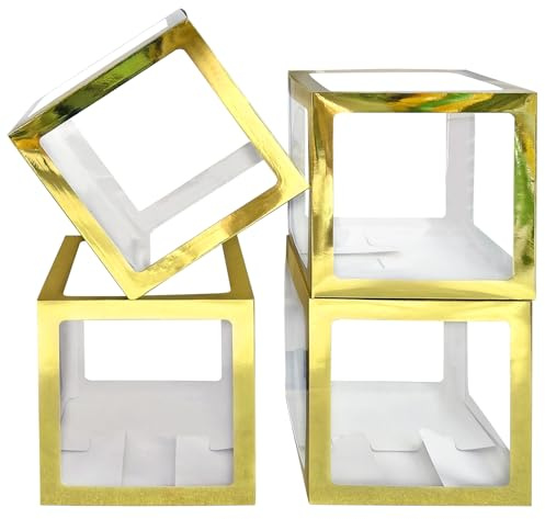 YALLOVE 4 Pièces Boîtes à Ballons Transparentes Dorées, Boîtes à Ballons de Noël pour Décorations de Fêtes d'anniversaire, Mariages, Noël et Soirées à Thème