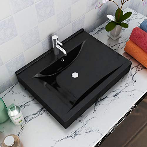 Homgoday Luxus-Waschbecken Keramik Rechteckig Schwarz mit Hahnloch 60x46 cm Waschtisch Waschplatz Handwaschbecken Aufsatzwaschbecken für Badezimmer und Gäste-WC