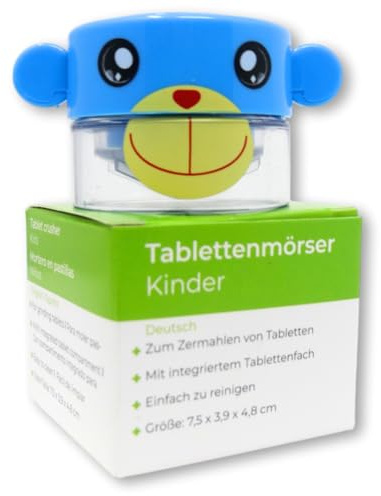 LisaCare Kinder Mörser Tabletten - Alltagshelfer (Affe-Motiv) | 5 x 4cm Tablettenmörser zum drehen mit Motiv - Tabletten Mörserer mit Pill Box im Deckel - Immer & überall