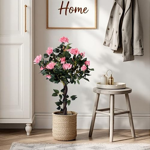 Arnusa Künstlicher Rosenstock Rosenstamm 90 cm Rosa mit 21 Rosen und 259 Blätter Kunstrose künstliche Rose Kunstpflanze Pflanze im Topf
