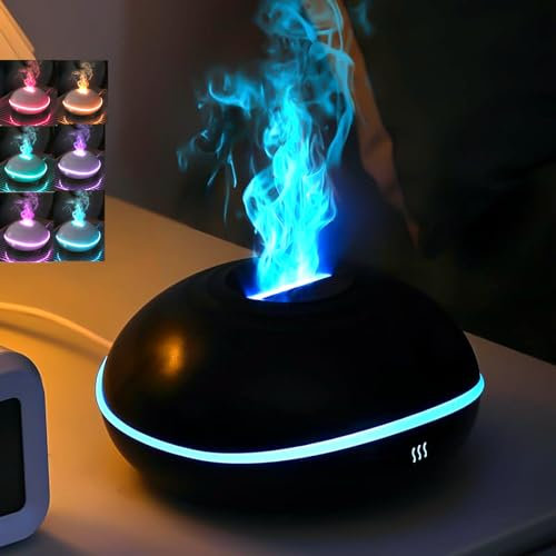 WAVATA Flammen Aroma Diffuser, 7-Farben-Licht Ätherische Öle, Luftbefeuchter Humidifier DuftöL Diffuser für Kinder, Zuhause Büro, Raumduft oder Yoga - Wasserlose Abschaltautomatik (Schwarz)