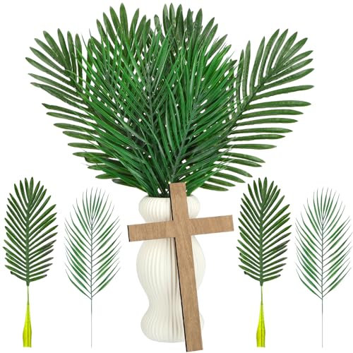 Zeyune 11 hojas de palmera artificiales para domingo, ramas de palma sintética grandes con cruces de madera para decoración de domingo de palmeras, iglesia, Pascua