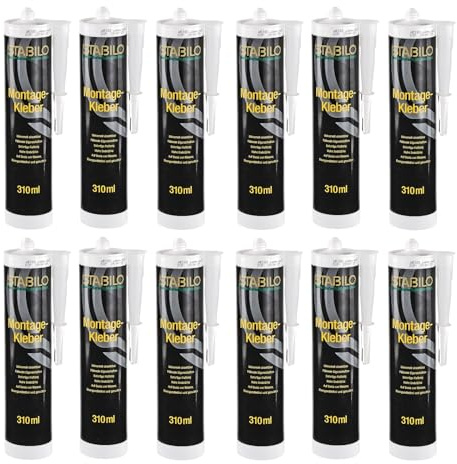 12x Montagekleber weiß 310ml | Baukleber, Kleber für Beton, Mauerwerk, Putz, Holz, Metall, PVC, usw. | 12 Stück