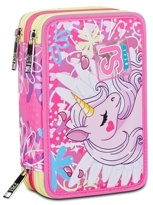 SJ Gang STYLE JAM GANG Astuccio Scuola 3 Zip, Rosa, UnicornLed, Portapenne Triplo Scomparto Completo Di Penne, Matite, Colori, Accessori Zaino, Elementari, Medie, Bambina