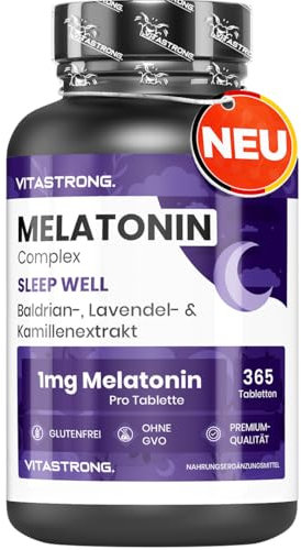 Melatonina Vitastrong Complex 365 Micro-Compresse, 1mg con Camomilla, Valeriana, Lavanda e Vitamina B6, Melatonina per Dormire, Sonno, Jet Lag, Pura Lento Rilascio Senza Zucchero