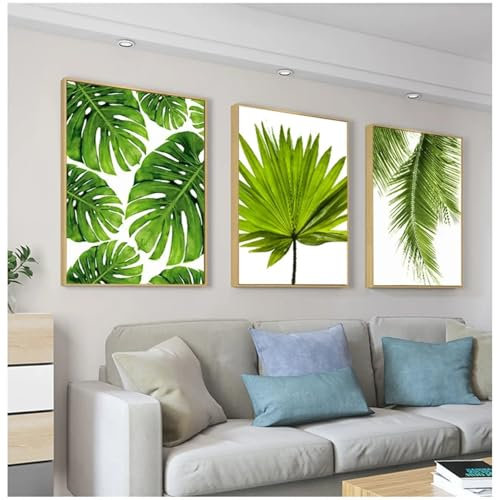 NXMYDBD Grünes Pflanzenplakat, grünes Wandbild, Raumdekoration, tropisches Bananenblatt, Leinwandgemälde, frische Palmblätter, nordisch, 70 x 90 cm (28 x 35 Zoll), 3 Stück, ungerahmt