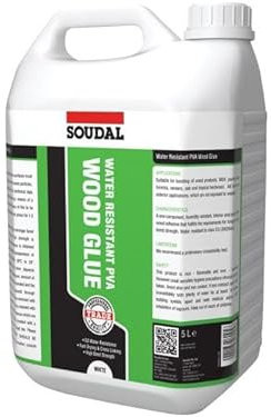 Soudal Trade Water Resistant PVA Wood Glue Adhesive Fast Drying Strength High Bond White Interior And Exterior class D3 (EN204/5) (5L)