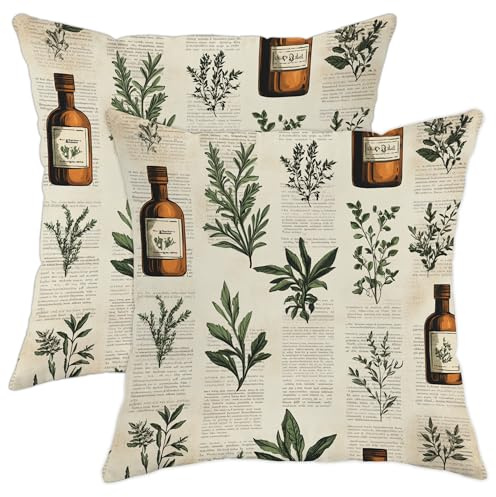 Herbal Pillow Covers Set of 2, Olive Green Nature Inspired Botanical Throw Pillow Cases, Vintage Farmhouse Home Decor for Sofa Couch Bed 20x20 Inch