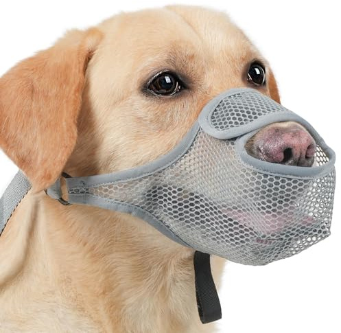 SHUOHONG Hunde Maulkorb, Nylon-Mesh, Atmungsaktiv und Bequem, Maulkorb für Große Hunde mit Verstellbaren Trägern (Grau-L)