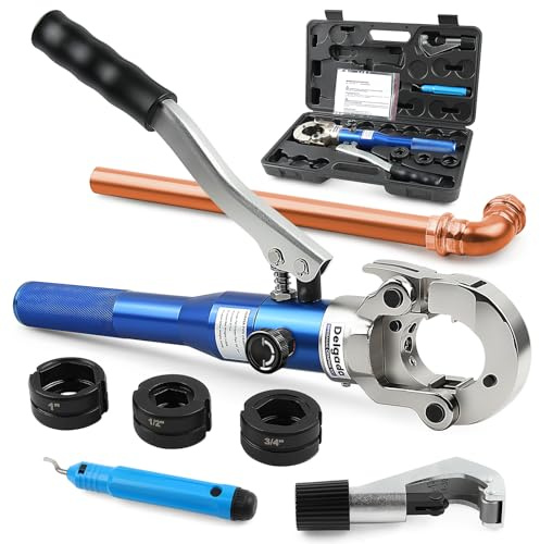 Delgada Copper Propress Tool Hydraulic Copper Pipe Crimping Tool with 1/2 3/4 1 Jaws, Pipe Cutter and Deburring Tool, for Plumbing Narrow Space and Tee Fittings