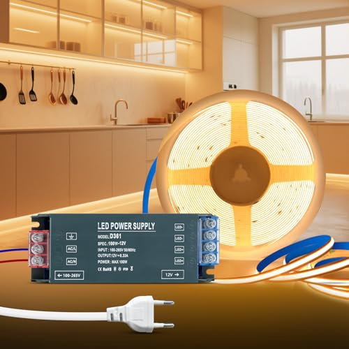 KSIBNW Tira LED COB 12V Autoadhesivo, 5M Luces LED Habitación Blanco Caldo 3000K Cortable Flexible 320LEDs/M Tira Luces Ancho 8mm con Transformador 12V y Cable de Alimentación para Cocina, Espejo