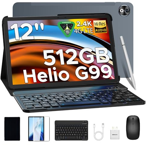 DOOGEE T40 Pro Tablet 12 Pulgadas Android 15, 20GB RAM + 512GB ROM, 2.4K Pantalla con MTK G99 y 10800mAh(18W), 16MP+8MP, Dual SIM 4G Tablet con Teclado, Funda y Lápiz, Ratón(Versión 2025)