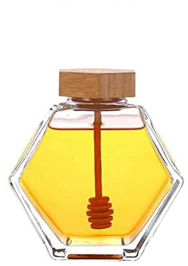 Hexagonal Glass Honey Bottle with Wooden Stirring Rod, Clear Glass Honey Pot, Mini Honey Jars with Wooden Dipper Honey Container(100ml)