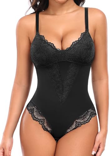 UMIPUBO Body Gainant Femme Ventre Plat Body Sculptant Femme Amincissante Gainant Corset Dentelle Col V Shapewear Lingerie Réglable Strap Combinaison Minceur Bodysuit (Noir, XXL)