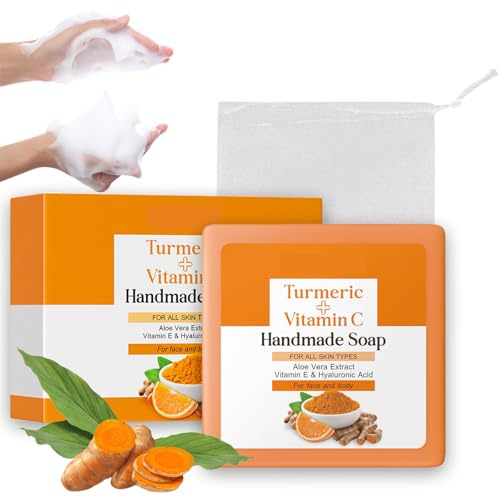 Kurkuma & Vitamin C Soap, Kurkuma Seife für Pigmentflecken Entferner Gesicht, Natürliche Turmeric Soap für Gesicht und Körper, Naturseife für Reinigung, Reduzierung von Akne und Ölkontrolle