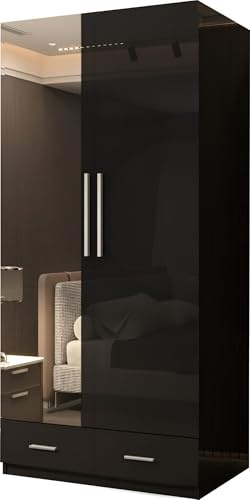SLIDING WARDROBE 4U High Gloss 2 Door Hinged Wardrobe with Mirror, Drawers, Shelves & Hanging Rail – Freestanding Bedroom Storage – 80cm / 90cm – White, Black or Grey (Black, 90cm)