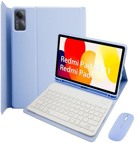 Funda Teclado para Xiaomi Redmi Pad SE 11 Pulgadas 2023/Redmi Pad 2 2025, Diseño Ñ Español, Cubierta Delgada De PU con Teclado Inalámbrico Desmontable Magnéticamente, Ratón para Tableta,Violeta Claro