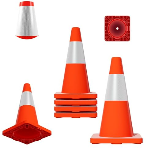 18.1 Traffic Safety Cones [20 Pack], Fluorescent Orange PVC Parking Cones, 6in Reflective Collars Wind-Resistant Traffic Cones Weatherproof for Parking Lot, Event & Home Use
