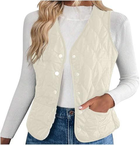 NSICBMNO Beige Gilet For Women Uk Quilted Body Warmer Sherpa Fleece Gilet Padded Waistcoat Down Vest Thermal Body Warmer Ladies Button Up Quilted Jacket Sleeveless Puffer Jackets Winter Jackets L