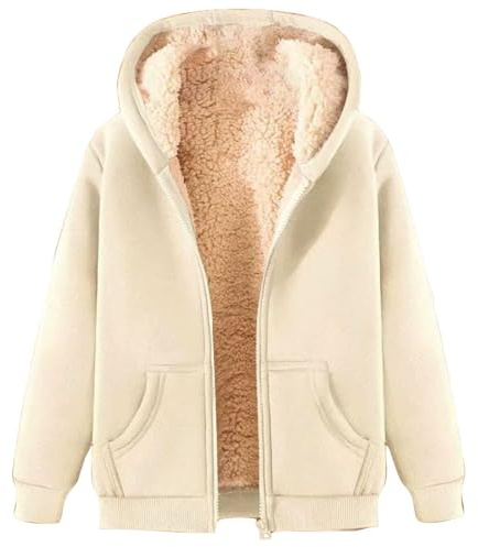 ZTFYKLIN Fleecejacke Damen Hoodie Kapuzenpullover Mit Zipper, Fleecepullover Dick Warm Basic Sweatjacke Kapuze, Winterjacke Einfarbig Hooded Reißverschluss (Beige, M)