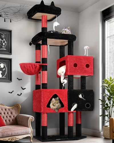 Globlazer Negro Rojo Rascador para Gatos Grandes XXL 207 cm con 3 Divertido Nidos Grande 45*35cm, Plataforma Amplio, Perchas, Cesta, Enorme Gótico Arbol Rascador para Gatos Adultos (F81, Negro Rojo)