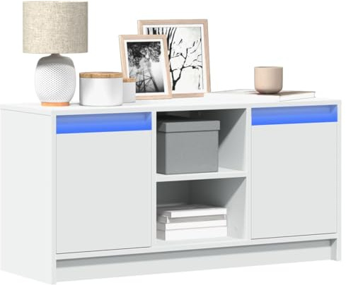 Mandloder Meuble TV avec éclairage LED - Blanc - 100 x 34 x 50 cm - Matériau du bois - Pour salon, espace de rangement - Design moderne