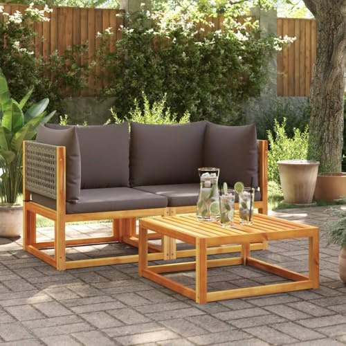 Tonture Gartensofa-Ecke mit Kissen, 2er-Set, Akazienholz & Rattan, Grau, Modulares Design für Terrasse und Balkon