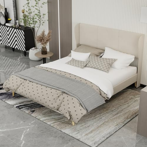 HaoChrymec Letto Imbottito Modern Minimalist con Testiera Morbida in Tessuto, Base Bassa Senza Contenitore, Design Funzionale, Letto per Camera da Letto e Appartamento, Beige, 160x200 cm